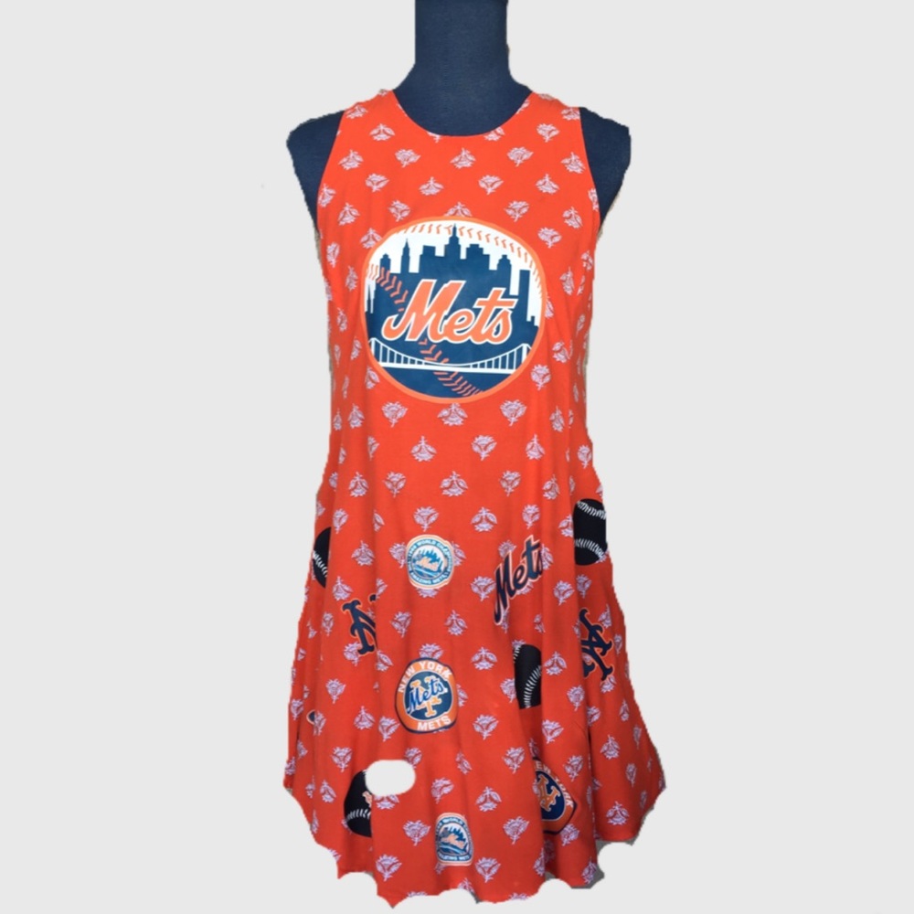 New York Mets flowy orange patterned dress w/logos